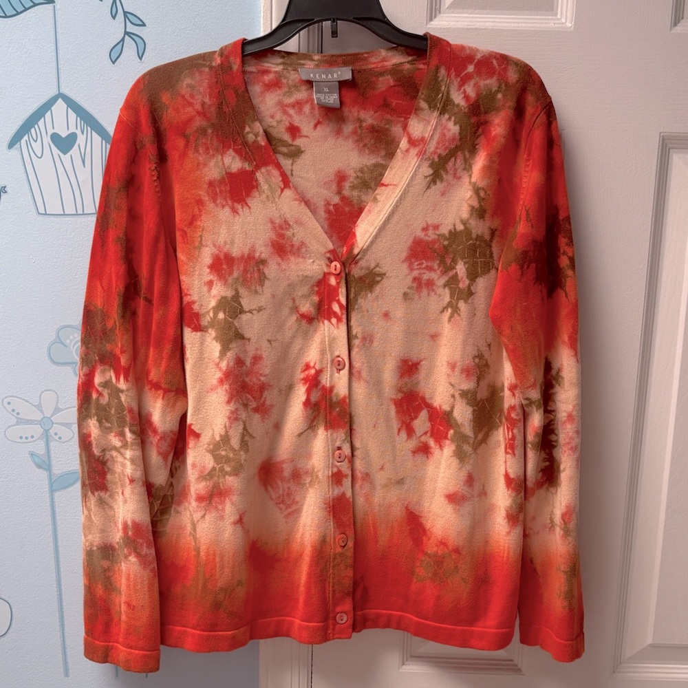 Kenar Bright Colorful Red Coral Green 100% Cotton Cardigan Women's Size XL !